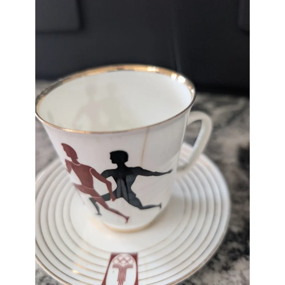 Vintage Lomonosov USSR Moscow 1980 Olympics Runner Porcelain Cup Saucer Cracked